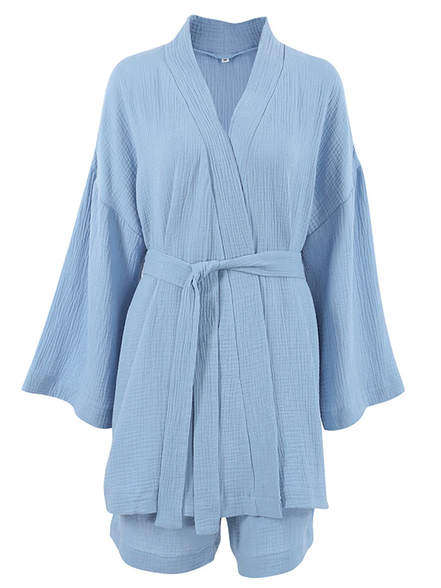 Moteriškas pižamų komplektas 3 4 rankovės atviras priekinis chalatas su šortais ir diržu Miego drabužiai Loungewear