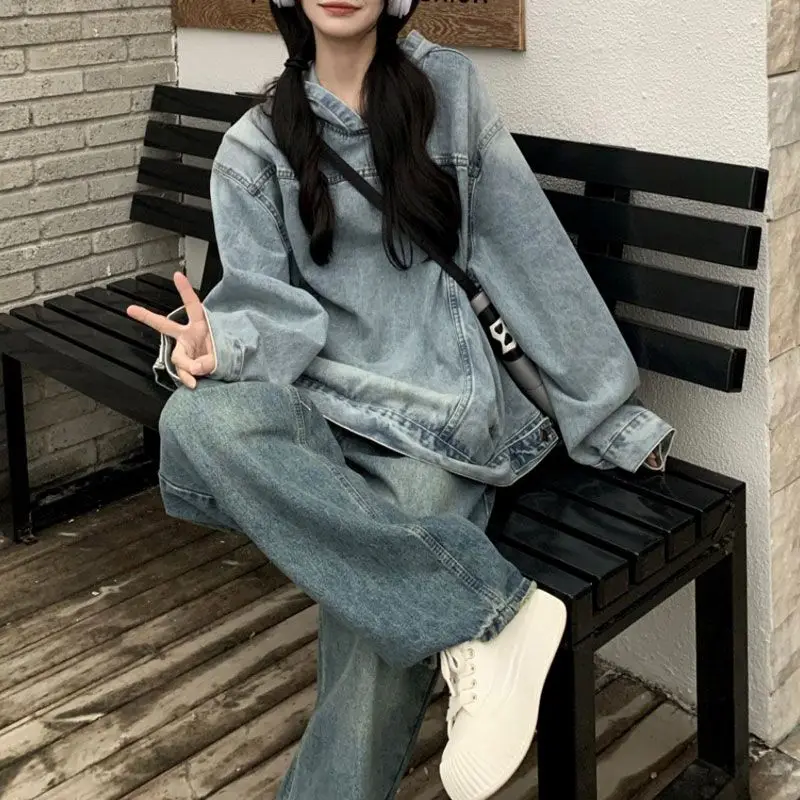 Džinsiniai džemperiai su gobtuvu Moteriški Hip Hop Streetwear Laisvi ilgomis rankovėmis Kaubojaus megztiniai Vintažiniai laisvalaikio paltai