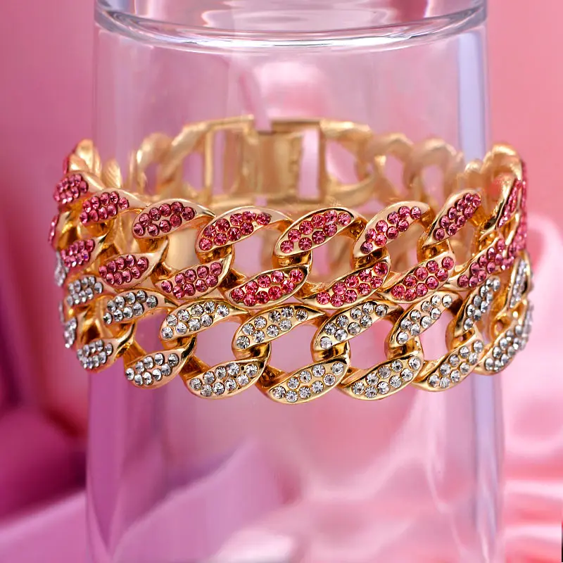 Hip Hop Bling Leded Out Miami Cuban Link Chain Full Zircon Bracelet for Women Men Gold Color Bracelet Fashion Punk Jewelry