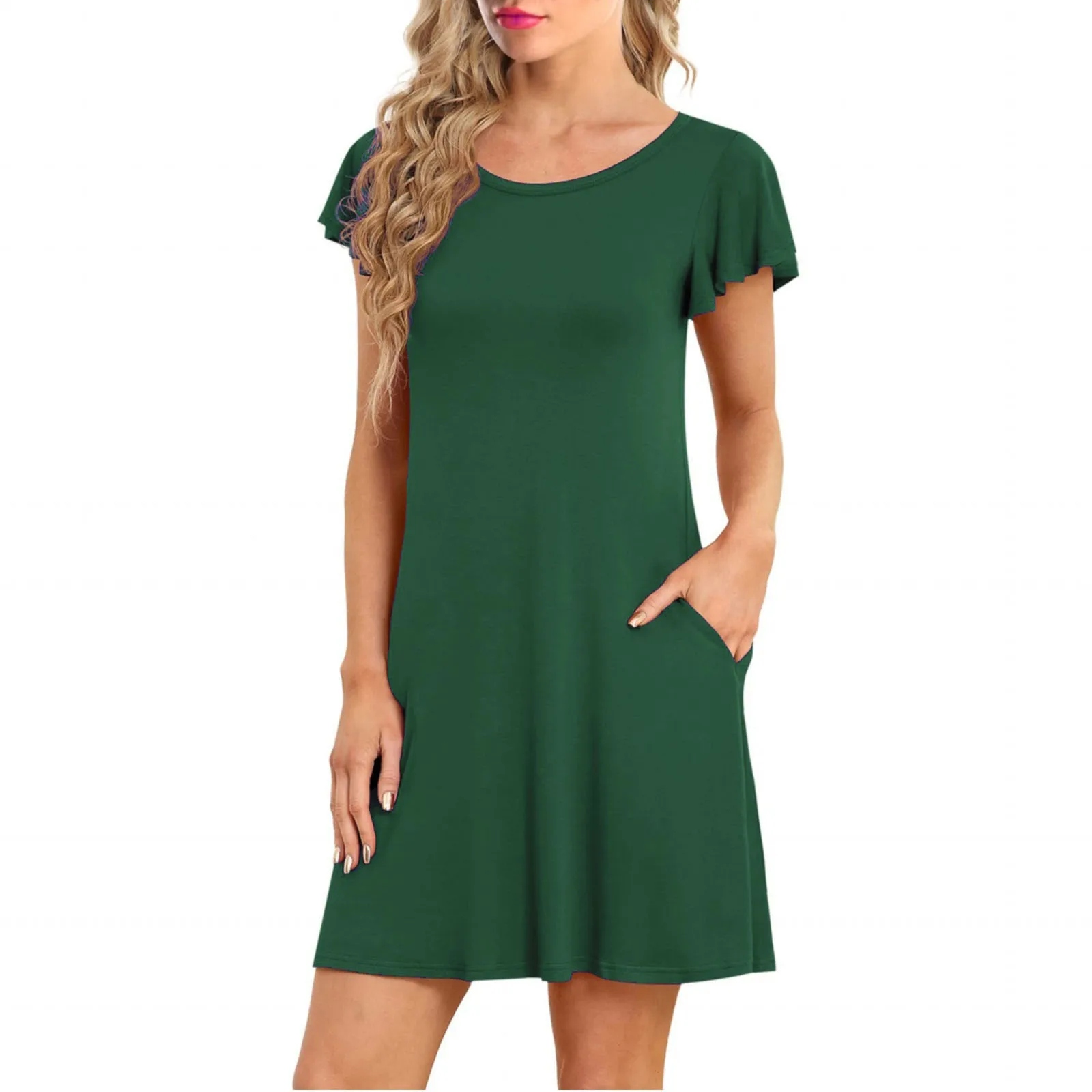 Trending Women O Neck Above Knee Length Dress Casual Solid Color Loose Mini Dresses Summer Short Sleeve Pullover Long T-shirt