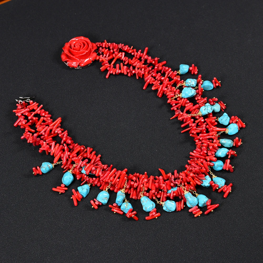 G-G 18'' 3 Strands Red Coral Funcy Chips Blue Turquoise Pakabuko vėrinys Rankų darbo moterims