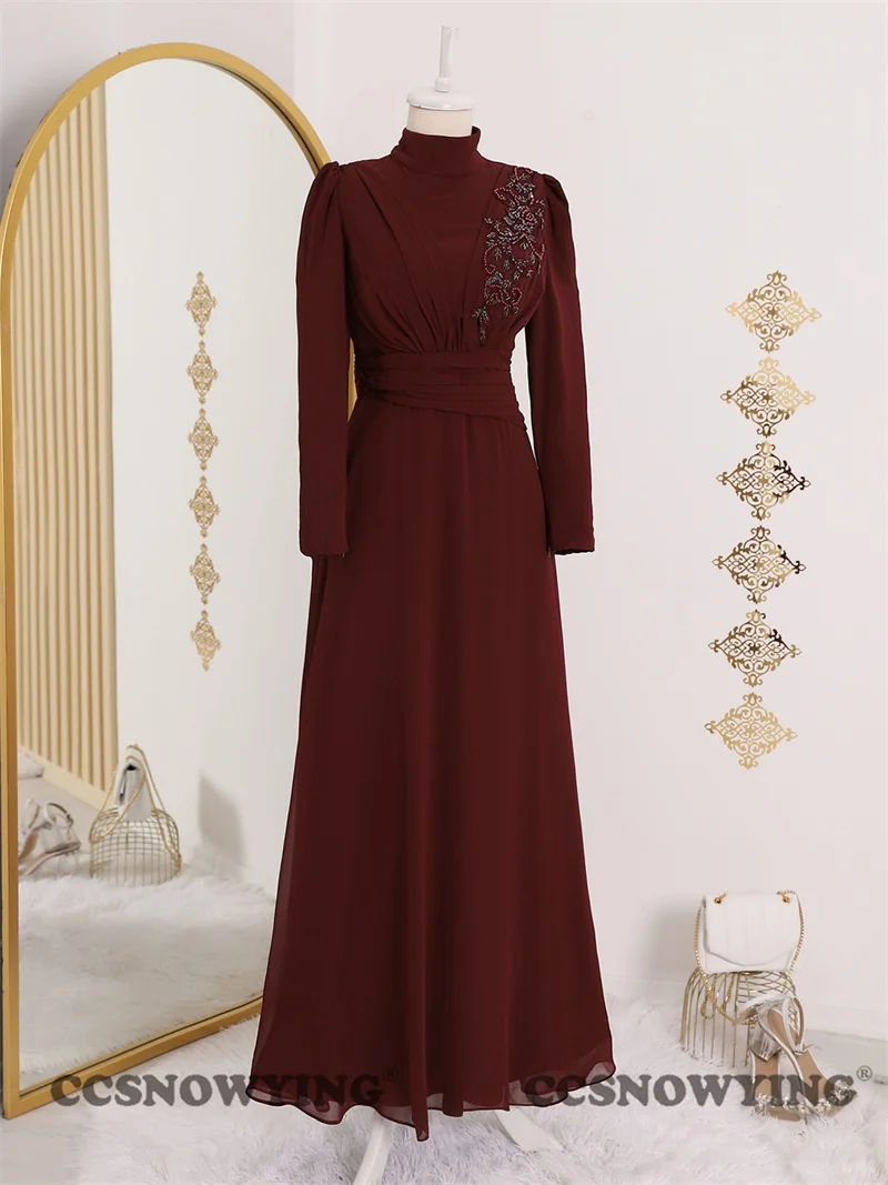 Šifono aplikacijos musulmoniškos vakarinės suknelės ilgomis rankovėmis Hijab Islamo formalios partijos suknelė Moterys Arabiškas Kaftan Robes De Soirée