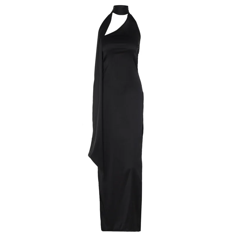 2023 Fashion SummerHalter Slit Maxi suknelė moterims Satino apykaklė suknelės be pečių Seksualios vakarėlio ilgos vestido