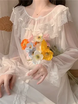 Loungewear suknelė Naktiniai marškiniai Naktiniai marškiniai Raukiniai Baltas tinklelis Moterys Princesė Vintage Viktorijos laikų naktiniai miego drabužiai Lolita Nėrinių fėja