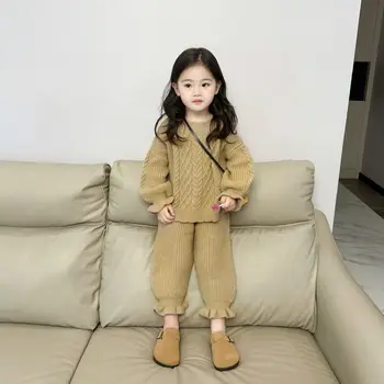 Boys Girls Sets Solid Sweater for Women Vintage Pulover Sweater and Loose Knitted Pants 2ps Toddler Girl Clothes