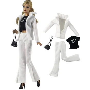 NK 4 daiktai/komplektas madingas baltas paltas+ kelnės + juodi marškiniai+krepšys žieminė apranga Barbei Lėlių aksesuarai Baby Dress Up Žaislai