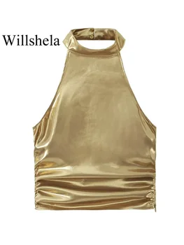 Willshela Women Fashion Satin Golden Pleated Backless Cropped Tops Vintage Halter Neck Knockless Female Chic Lady Crop Top
