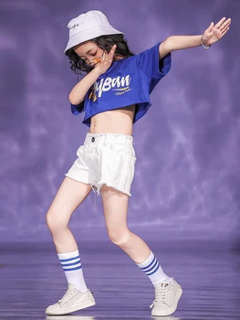2023 New Kids Girls Casual Daily Clothes Blue T-shirt Crop Top Or White Shorts Children Hip Hop Performance Dance Clothing 4-16Y