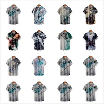 Summer Men Marble Pattern Printed Palaidinė trumpomis rankovėmis Hawaiian Holiday Beach Tops oversized marškiniai