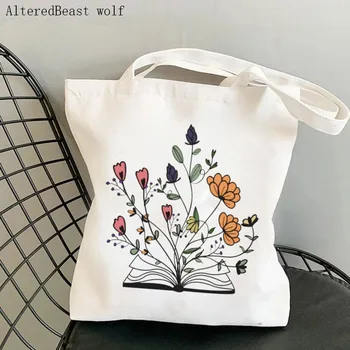 Fashion Women Shopper krepšys gėlės, augančios iš senos knygos Spausdinta pirkinių drobė Pirkėjas Krepšys merginų rankinė Tote Shoulder Lady Bag