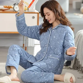 2023 Nauja pižama Moterys 100% grynos medvilnės laisvalaikio kostiumas sutirštintas trimis sluoksniais Medvilniniai miego drabužiai Rudens žieminiai šilti namų drabužiai