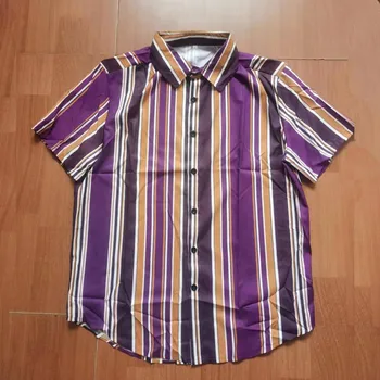 Y2K Summer New Men Short Sleeve Beach Shirt Mens Fashion Vintage Luxury Purple Striped Shirts Camisas De Verano Para Hombres