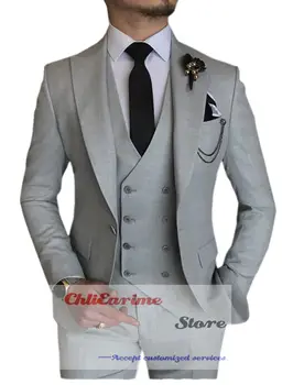 Mens Slim Fit Double Breasted Solid 3 Piece for Bridegroom Suit (Blazer + Vest + Pants)