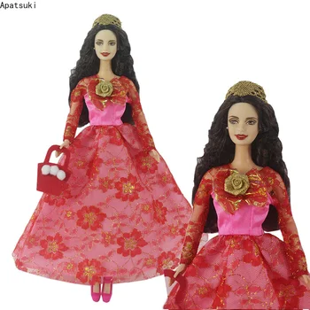 Raudona gėlių princesės suknelė Barbės lėlės aprangai Madingi drabužiai Vakarėlio chalatas Krepšys Barbei Lėlių namelis 1/6 Lėlių aksesuarai Žaislas