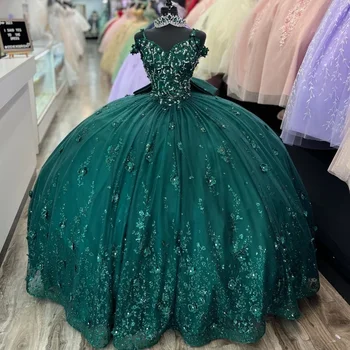 Kamuoliniai chalatai Žalios princesės svarainių suknelės Karoliukai Aplikacijos Nėrinių vakarėlis Gimtadienio suknelė Tiulis Saldus Vestido De 15 16 Anos