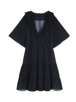 Vasarinės suknelės moterims 2022 Mada Pusiau vientisa elegantiška Maža juoda suknelė Raukinio apdaila V kaklo plisuota suknelė trumpomis rankovėmis Mini suknelė