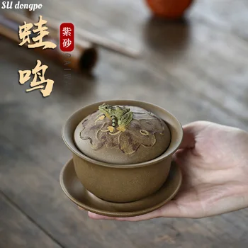 Yixing rankų darbo žalios rūdos purpurinis molis Gaiwan varlė Crowing Retro kinų arbatos dubuo Išskirtinis arbatos puodelio dovanų dėžutės kolekcija