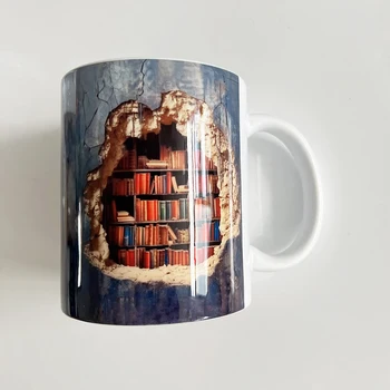 Knygų lentyna Keraminis kavos puodelis Knygų mylėtojai Kavos puodelis Literatūrinis puodelis Helovino kalėdinės dovanos skaitytojams Knygnešys