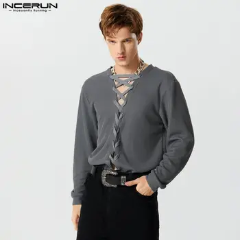 INCERUN Tops 2023 American Style New Men Cross Tie Design Pullover Casual Fashion Solid All-match Patogus megztinis S-5XL