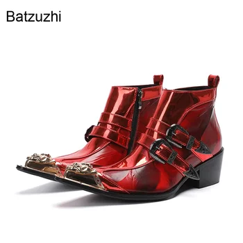 Batzuzhi Punk vyriški batai Smaili metalinė galva Raudona odinė kulkšnis Batai vyrams Raudoni vakarėlių ir vestuvinių batų sagtys, 38-46