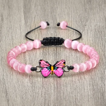 Charm Women Pink Butterfly Bracelet 6mm Natural Tiger Stone Black Lava Onyx Benail Bracelets & Bangles Rankų darbo vyrų riešo papuošalai