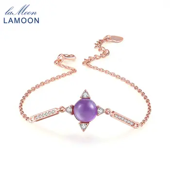 LAMOON S925 100% tikra natūrali ametisto purpurinio brangakmenio apyrankė moterims 925 svarų sterlingų sidabro rožinės aukso spalvos smulkūs papuošalai HI009