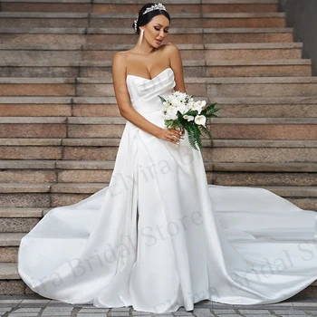 Aukštos kokybės satino vestuvinės suknelės Ponios su raukiniais Mieloji Berankovė Teismo traukinys A-Line Vestidos De Novia 2023