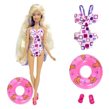 NK Official 1 Set Doll garbingas maudymosi kostiumėlių komplektas: raštas violetiniai kvadratai maudymosi kostiumėlis +random (maudymosi žiedas+šlepetės) Barbės lėlės žaislui