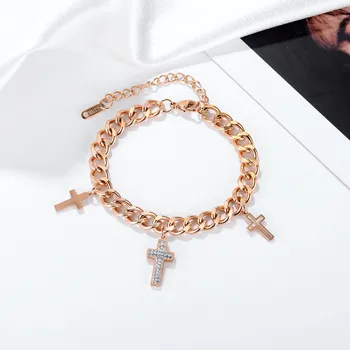 Retro mados kryžminė apyrankė Titano plieno rožinio aukso spalvos apyrankė Moterų religinio tikėjimo papuošalai Jubiliejaus gimtadienio dovana