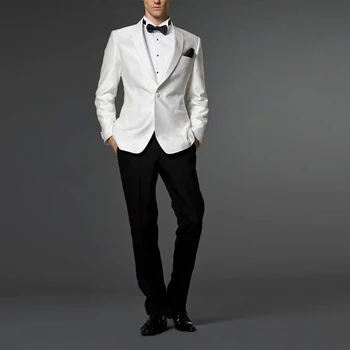 Kostiumai vyrams Blazer vestuvės Terno pilno komplekto švarko kelnės Dviejų dalių balto palto apranga Skara Atvartas Masculino Slim Fit kostiumas