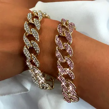 Hip Hop Bling Leded Out Miami Cuban Link Chain Full Zircon Bracelet for Women Men Gold Color Bracelet Fashion Punk Jewelry