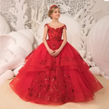 Red Ball Gown Baby Flower Girl Dresses Appliques Babyless Children Wedding Birthday Party Prom Gowns