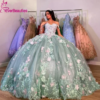 3D Gėlės Quinceanera suknelės Ball Gown Lilac Off Shoulder платья на выпускн Sweet 16 Dress vestidos de 15 16 años quinceañeras