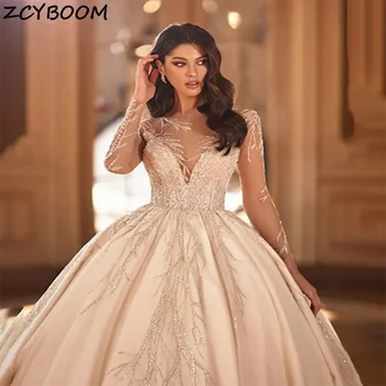 Luxury Sweetheart Sequin Beaded Ball Gown Wedding Dresses 2023 Illusion Long Sleeves Court Train Tiulis Nuotakos chalatai moterims
