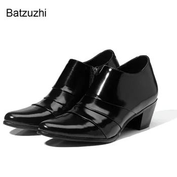 Batzuzhi 6CM aukštakulniai kulkšnies batai Vyriški smailaus piršto užtrauktukas Juodi odiniai batai vyrams Vakarėlis/Vestuvės/Verslas, 37-44 dydžiai