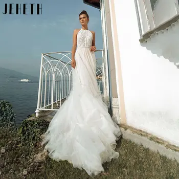 JEHETH Beach Halter Neck Backless vestuvinės suknelės 2024 Žavingos nėrinių tiulio nuotakos suknelė be rankovių Vestidos de Novia Custom Made