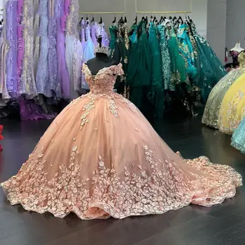 Pink Flora Sweetheart Quinceanera Suknelės nuo pečių Aplikacijos Gėlės Saldžios 15 gimtadienio Princesės vakarėlio chalatai Vestidos De 15