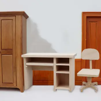 1:12 Lėlių namelis Miniatiūrinis stalas Pasukama kompiuterio kėdė ir stalo modelis Žaislai Nedažyti lėlių namelio mediniai baldai