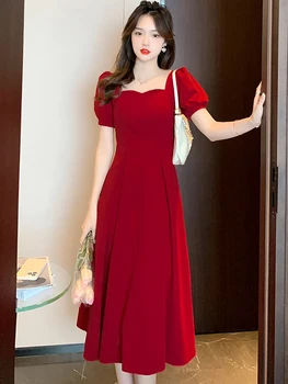 2023 Raudona trumpomis rankovėmis Bow Chic Prom Midi suknelė Moterys Elegantiška Bodycon vakarinė suknelė Vasarinė korėjietiška vintažinė juoda vakarėlio Maxi suknelė