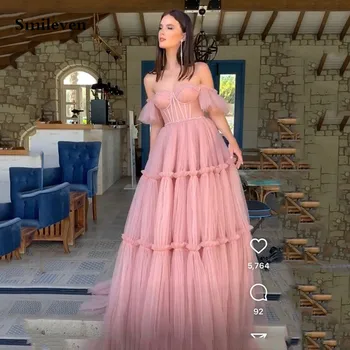 Smileven Pink Sweetheart Neck Prom chalatai A Line Puff Tiulis Vakarinė suknelė Elegantiškos vakarinės prom vakarėlio suknelės 2023
