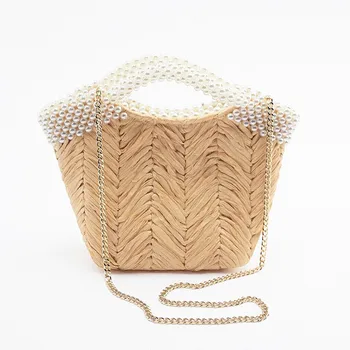 Prekės ženklo dizainas Moteriška perlų rankena Šiaudų krepšys Rankomis austas popierinis pečių krepšys Crossbody krepšys Vasaros Bohemijos atostogų paplūdimio krepšys Moteris