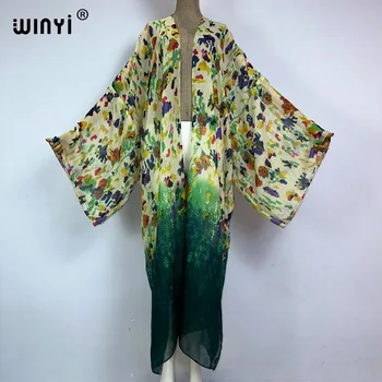 WINYI kimono boho Laipsniškas gėlių atspaudas paplūdimio uždengimas Elegantiškas paltas seksualus Afrikos palto paplūdimio apranga moterims Perspektyvus megztinis