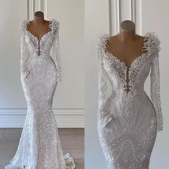 Puošni undinėlės vestuvinė suknelė Blizgučiai Perlai Karoliukai Nuotakos chalatai V-Neck Custom Made Vestido De Novia