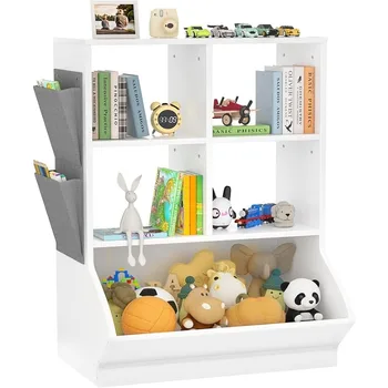 Žaislų saugojimo organizatorius su knygų spinta, 40'' aukščio 5 kubų knygų lentynos žaislų laikymo spintelė, atidarytos kelių dėžių mediniai žaislai ir knygos