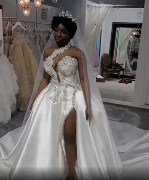 Plius dydžio arabiški Aso Ebi kristalai High Split Wedding One Shoulder Sexy Satin Bridal Gowns 2023