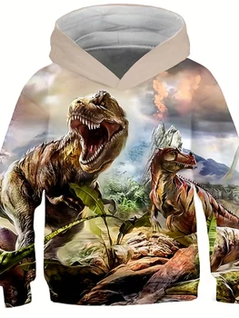 Berniuko 3D dinozaurų grafinis džemperis su gobtuvu, kasdienis šiek tiek ištemptas kvėpuojantis džemperis su gobtuvu pavasario rudens lauke