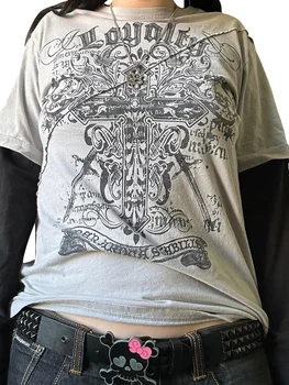 Y2k Fėjų Grunge marškinėliai Moteriški ilgomis rankovėmis Estetinės grafinės viršūnės Vintažinės paauglių merginos Baggy trišakiai Gotikiniai Emo drabužiai