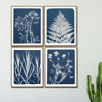 Mėlynai baltos botaninės gėlės Sienų meno drobė Tapyba Žolė Paparčiai Plakatai ir atspaudai Natūralūs paveikslėliai Svetainės namų dekoras