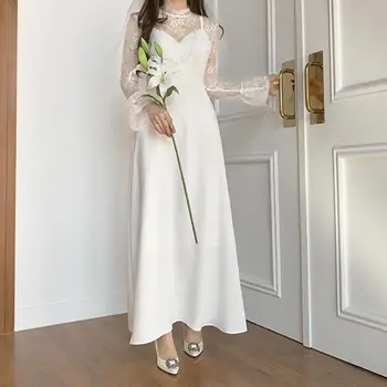 Naujos vestuvinės suknelės nėriniais ilgomis rankovėmis elegantiškos A linijos kulkšnies ilgio Vestidos de Novia Soft Satin Simple Robe De Mariee