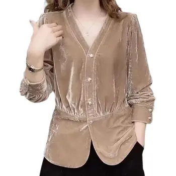 Mada Auksinis aksomas Viršus moteriai Pavasario rudens drabužiai Pavasario rudens drabužiai V formos kaklo ilgomis rankovėmis laisvalaikio moteriški marškiniai